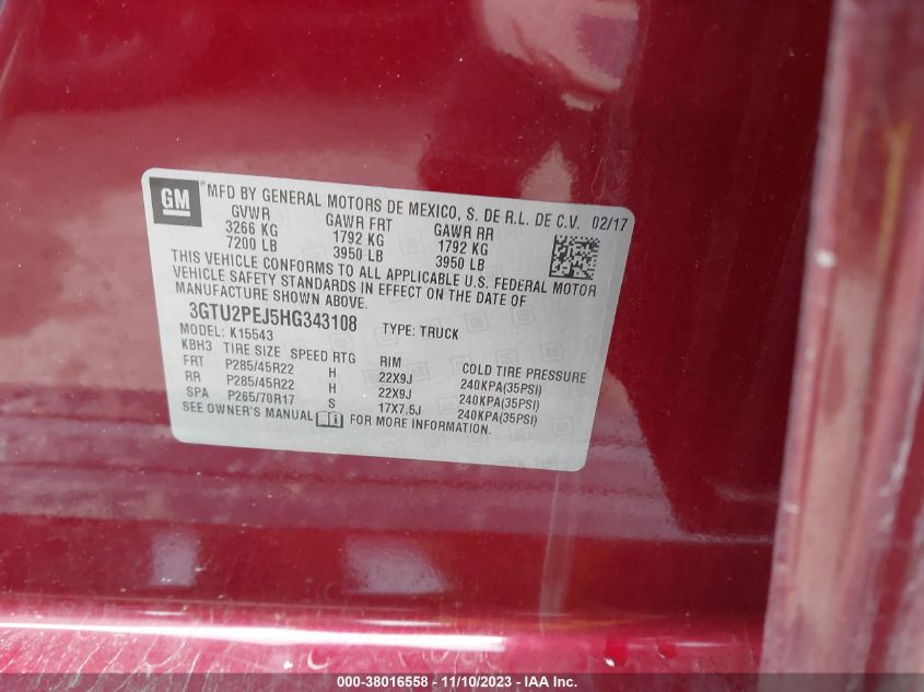 2017 GMC Sierra 1500 Denali VIN: 3GTU2PEJ5HG343108 Lot: 38016558