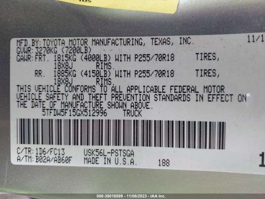 2016 Toyota Tundra Sr5 5.7L V8 VIN: 5TFDW5F15GX512996 Lot: 38016589