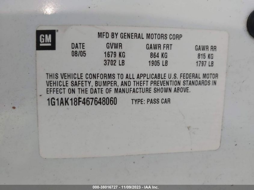 2006 Chevrolet Cobalt Ls VIN: 1G1AK18F467648060 Lot: 38016727