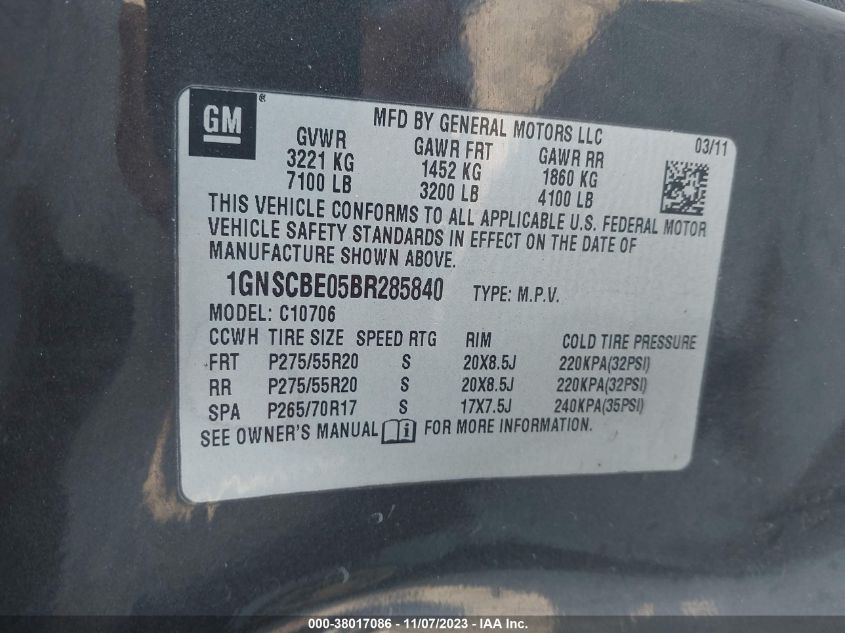 2011 Chevrolet Tahoe Lt VIN: 1GNSCBE05BR285840 Lot: 38017086