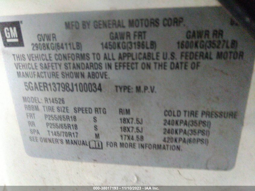 2008 Buick Enclave Cx VIN: 5GAER13798J100034 Lot: 38017193