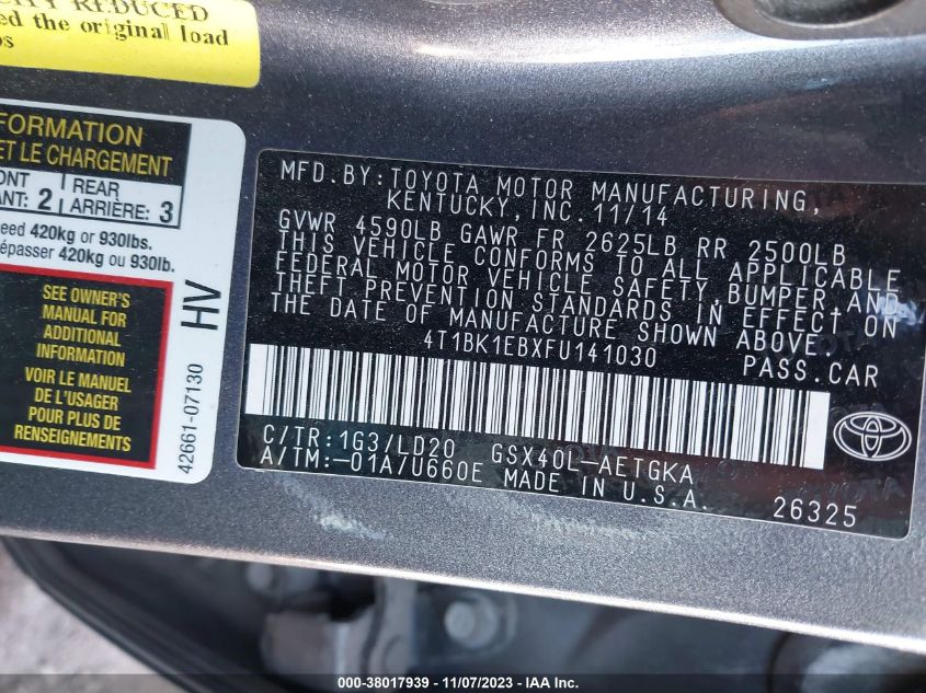 2015 Toyota Avalon Xle VIN: 4T1BK1EBXFU141030 Lot: 38017939