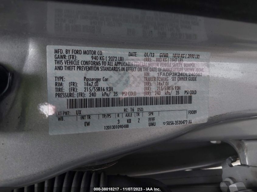 2013 Ford Focus Se VIN: 1FADP3K24DL240563 Lot: 38018217