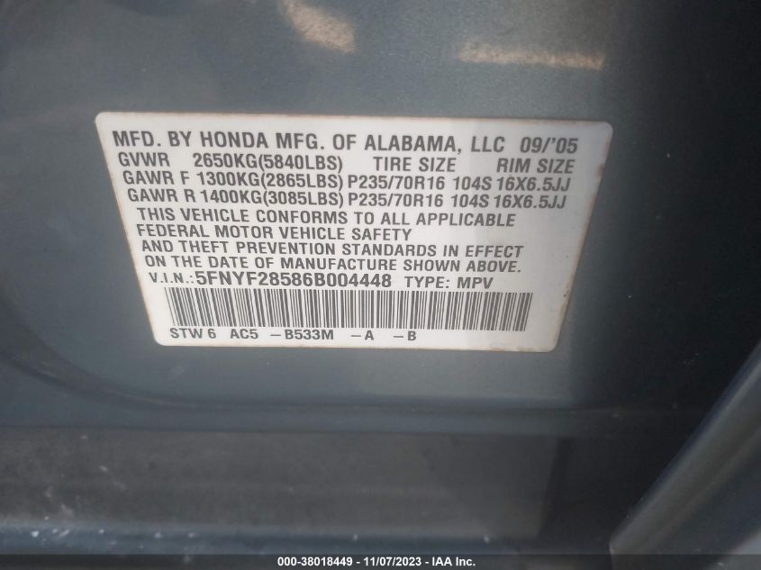 5FNYF28586B004448 2006 Honda Pilot Ex-L