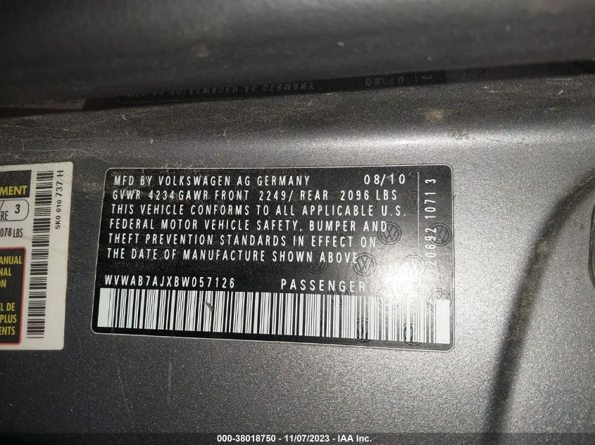 2011 Volkswagen Golf 2.5L 2-Door VIN: WVWAB7AJXBW057126 Lot: 38018750