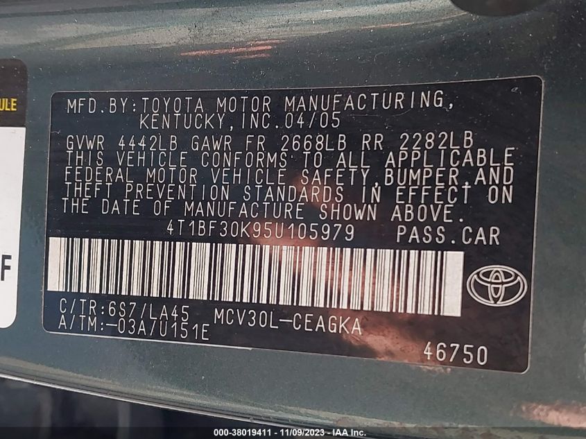 4T1BF30K95U105979 2005 Toyota Camry Xle V6