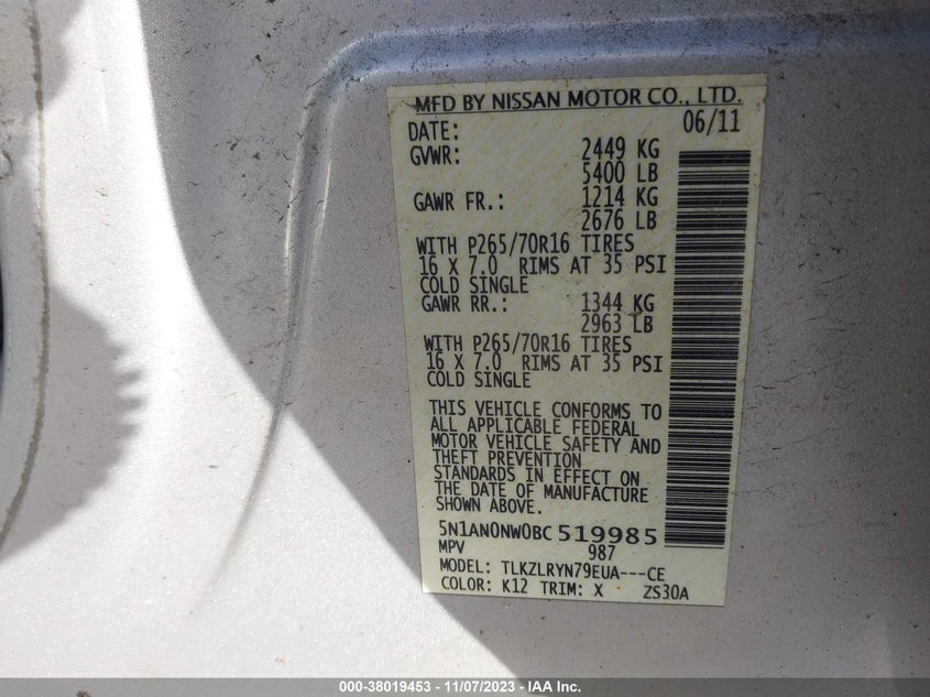 5N1AN0NW0BC519985 2011 Nissan Xterra S