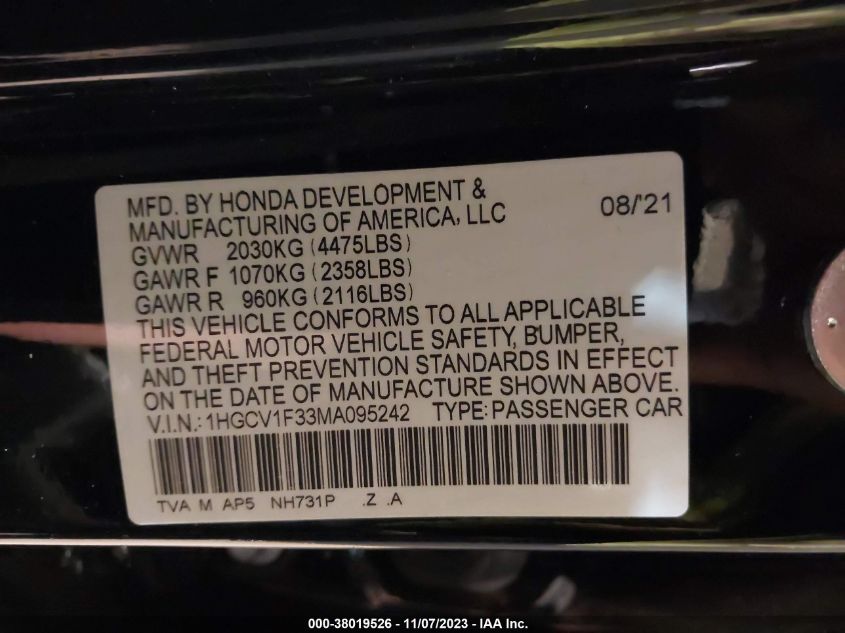 1HGCV1F33MA095242 2021 Honda Accord Sport