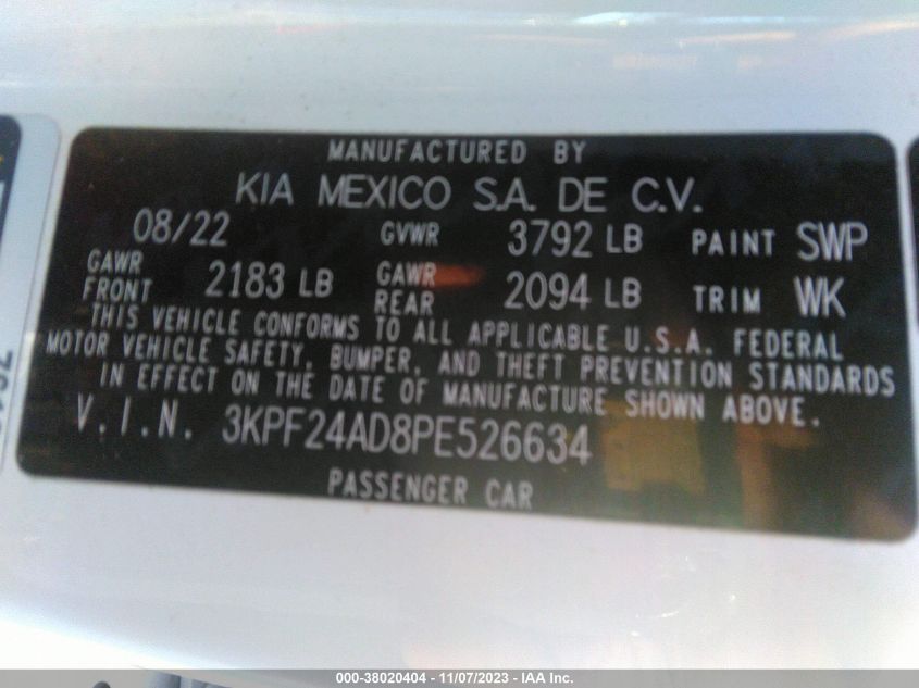 2023 Kia Forte Lxs VIN: 3KPF24AD8PE526634 Lot: 38020404