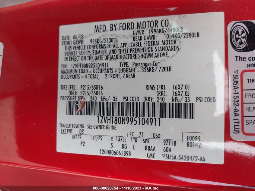 2009 Ford Mustang V6/V6 Premium VIN: 1ZVHT80N995104911 Lot: 38020754