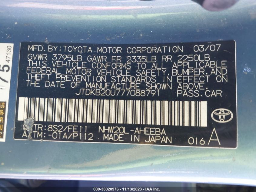 JTDKB20U777088791 2007 Toyota Prius