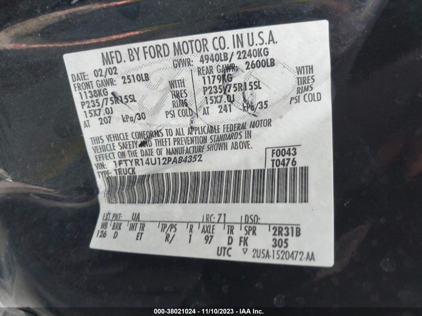 2002 Ford Ranger Xl/Xlt VIN: 1FTYR14U12PA84352 Lot: 38021024