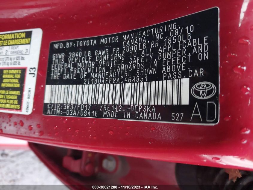 2010 Toyota Corolla S VIN: 2T1BU4EE8AC468851 Lot: 38021288