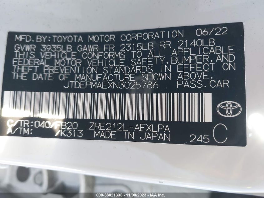 2022 Toyota Corolla Le VIN: JTDEPMAEXN3025786 Lot: 38021335