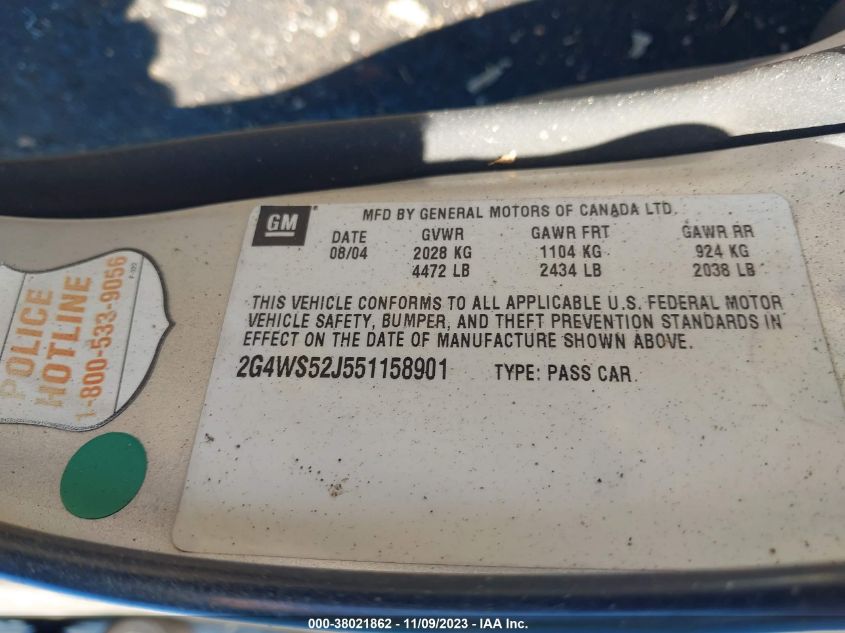 2005 Buick Century Custom VIN: 2G4WS52J551158901 Lot: 38021862