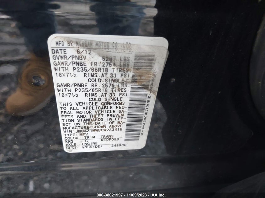 2012 Nissan Murano Sl VIN: JN8AZ1MW8CW233418 Lot: 38021997