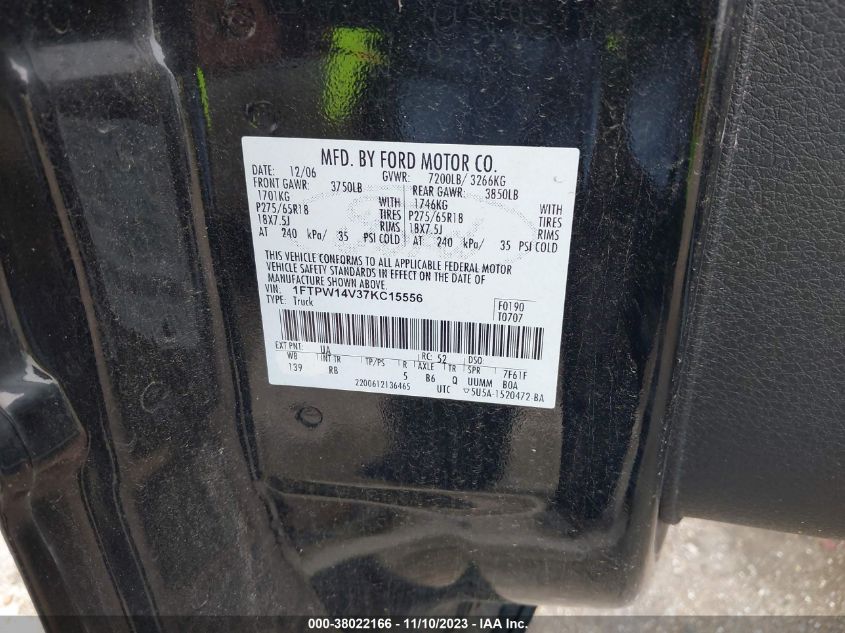 2007 Ford F-150 Fx4/Lariat/Xlt VIN: 1FTPW14V37KC15556 Lot: 38022166