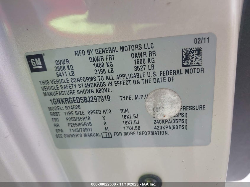 2011 Chevrolet Traverse 1Lt VIN: 1GNKRGED5BJ297919 Lot: 38022539