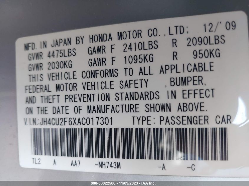 2010 Acura Tsx 2.4 VIN: JH4CU2F6XAC017301 Lot: 38022588