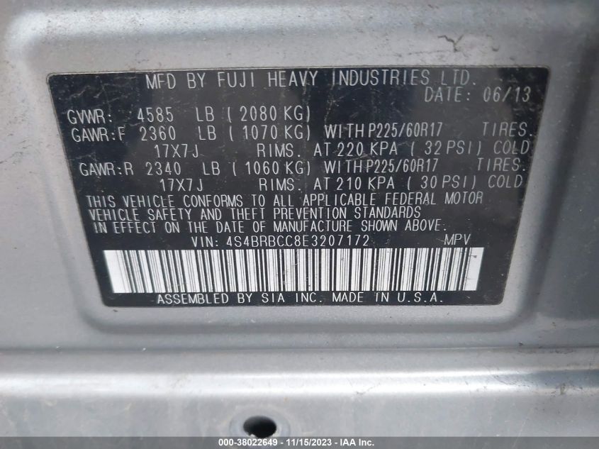 2014 Subaru Outback 2.5I Premium VIN: 4S4BRBCC8E3207172 Lot: 38022649