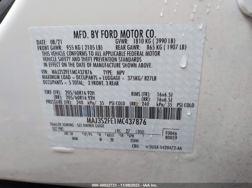 2021 Ford Ecosport S VIN: MAJ3S2FE1MC437876 Lot: 38022721