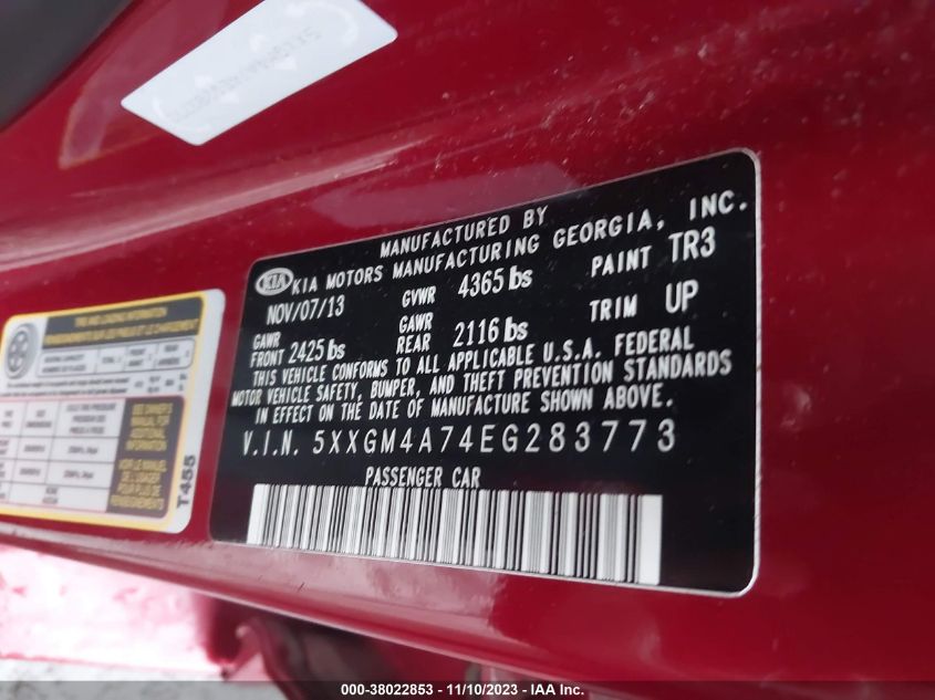 2014 Kia Optima Lx VIN: 5XXGM4A74EG283773 Lot: 38022853