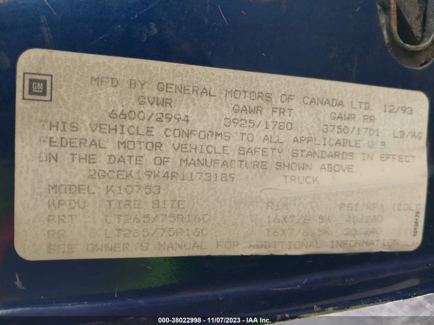 1994 Chevrolet Gmt-400 K1500 VIN: 2GCEK19K4R1173189 Lot: 38022998