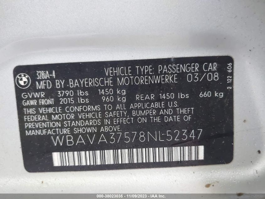 2008 BMW 3 Series 328I VIN: WBAVA37578NL52347 Lot: 38023035