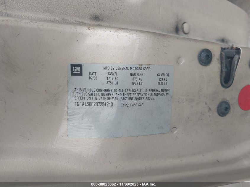 2008 Chevrolet Cobalt Lt VIN: 1G1AL58F287251213 Lot: 38023062