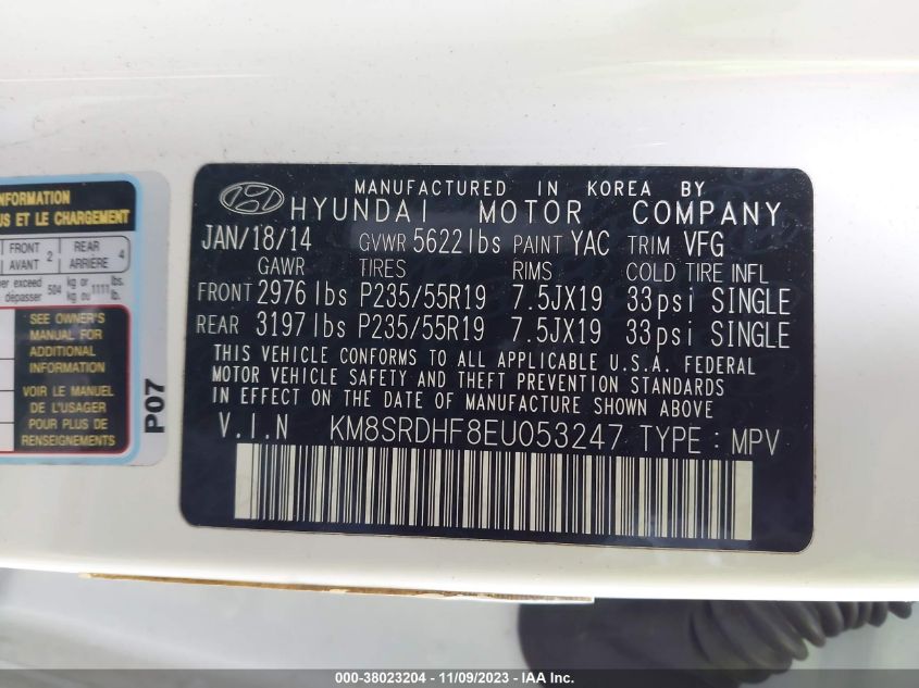 KM8SRDHF8EU053247 2014 Hyundai Santa Fe Limited