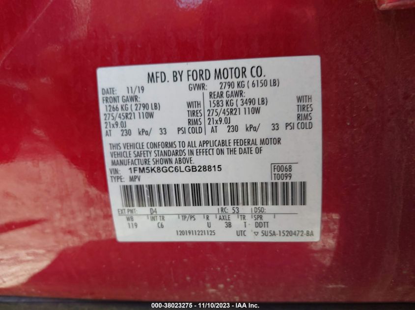 2020 Ford Explorer St VIN: 1FM5K8GC6LGB28815 Lot: 38023275