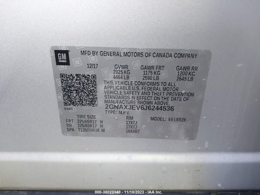 2018 Chevrolet Equinox Lt VIN: 2GNAXJEV6J6244536 Lot: 38023340