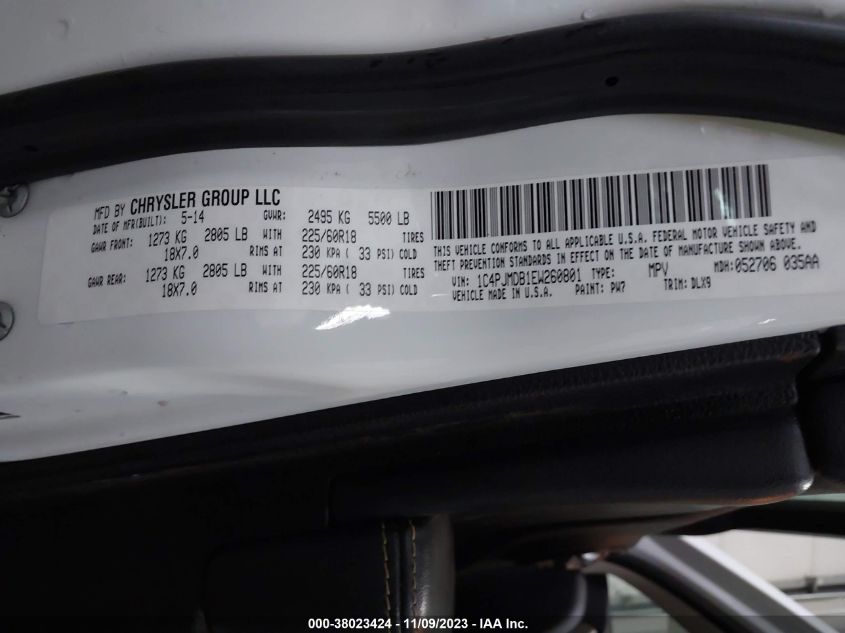 2014 Jeep Cherokee Limited VIN: 1C4PJMDB1EW260801 Lot: 38023424