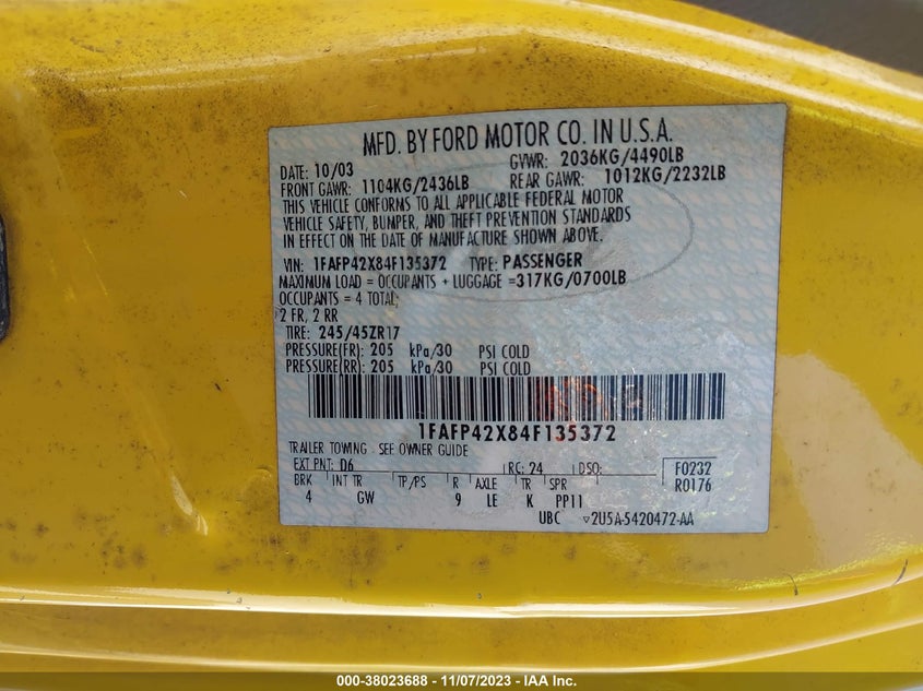 2004 Ford Mustang Gt VIN: 1FAFP42X84F135372 Lot: 38023688