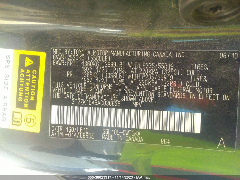 2010 Lexus Rx 350 VIN: 2T2ZK1BA9AC036625 Lot: 38023917