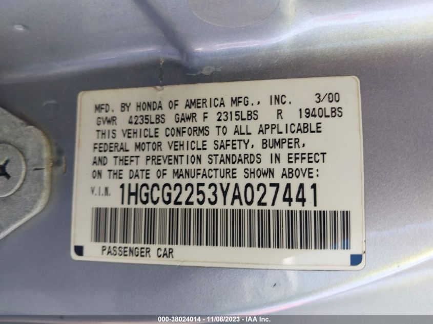 2000 Honda Accord 3.0 Ex VIN: 1HGCG2253YA027441 Lot: 38024014