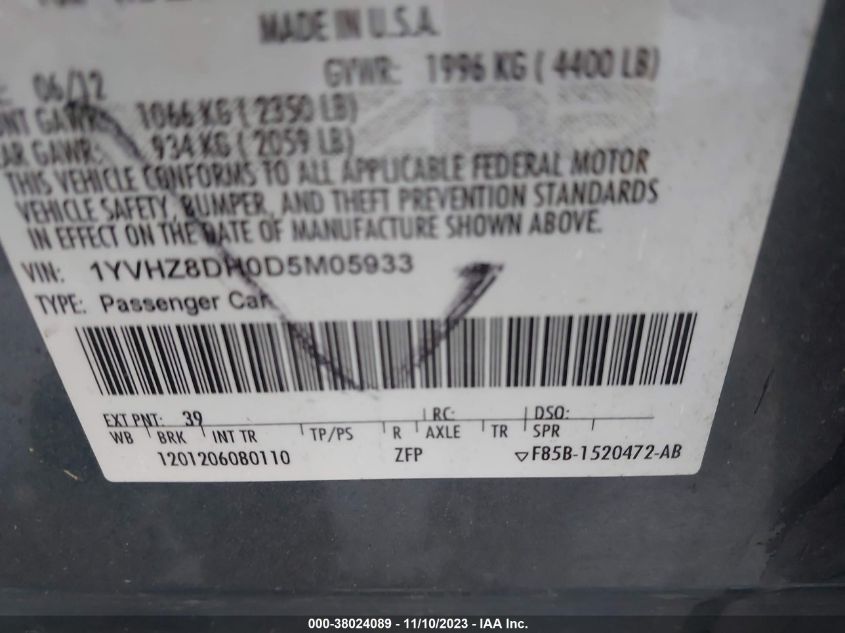 2013 Mazda Mazda6 I Touring VIN: 1YVHZ8DH0D5M05933 Lot: 38024089