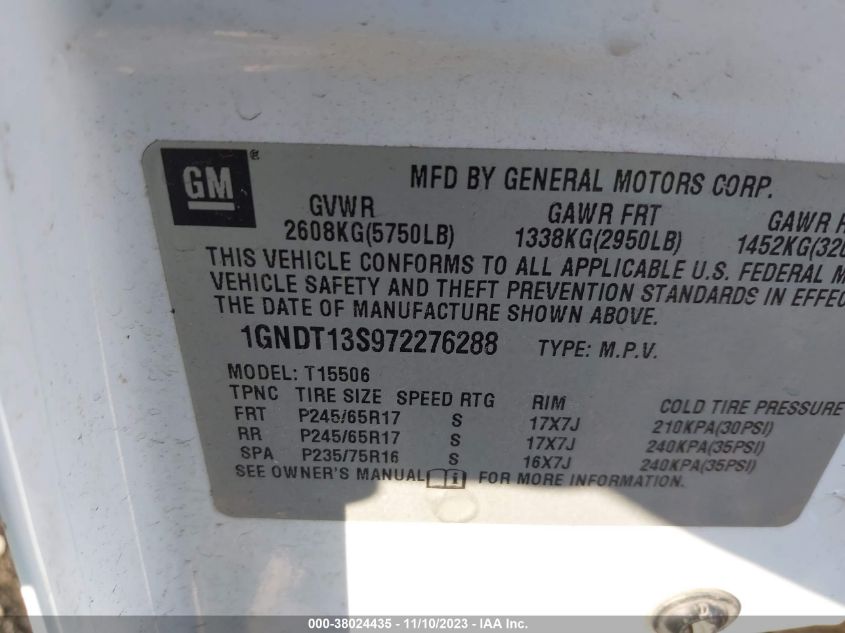 2007 Chevrolet Trailblazer Ls VIN: 1GNDT13S972276288 Lot: 38024435