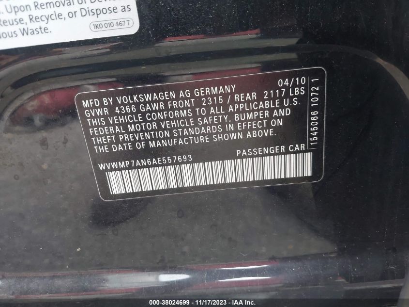 2010 Volkswagen Cc Sport VIN: WVWMP7AN6AE557693 Lot: 38024699