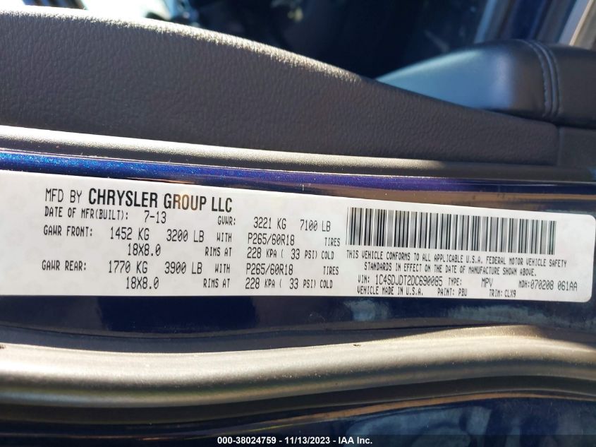 2013 Dodge Durango Crew VIN: 1C4SDJDT2DC690085 Lot: 38024759