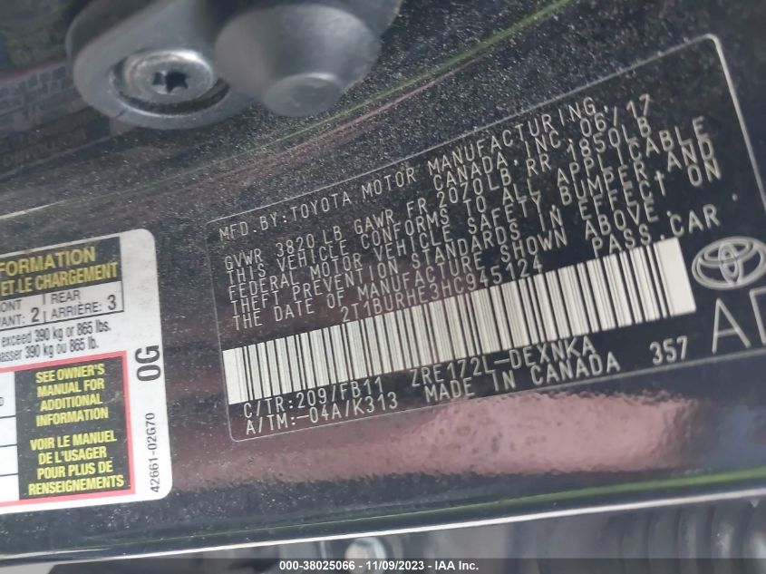 2T1BURHE3HC945124 2017 Toyota Corolla Le