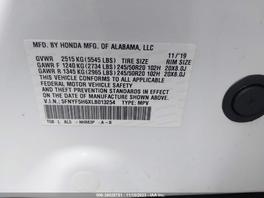 2020 Honda Pilot 2Wd Touring 7 Passenger VIN: 5FNYF5H6XLB013254 Lot: 38025751