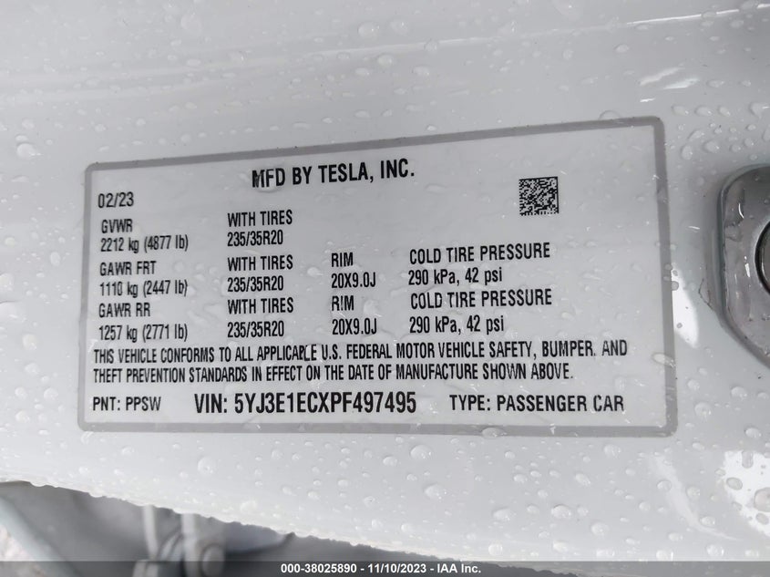 2023 TESLA MODEL 3 PERFORMANCE DUAL MOTOR ALL-WHEEL DRIVE VIN: 5YJ3E1ECXPF497495