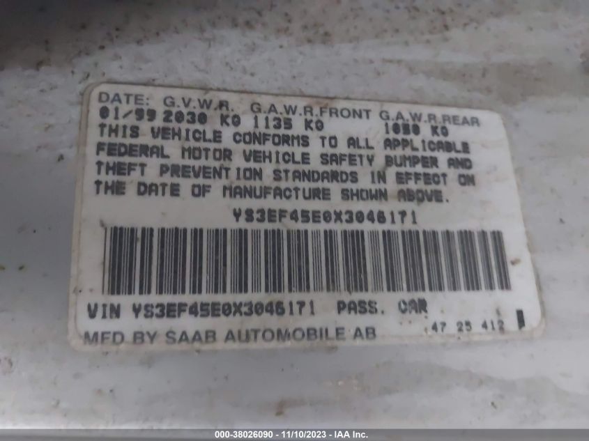 1999 Saab 9-5 Se VIN: YS3EF45E0X3046171 Lot: 38026090