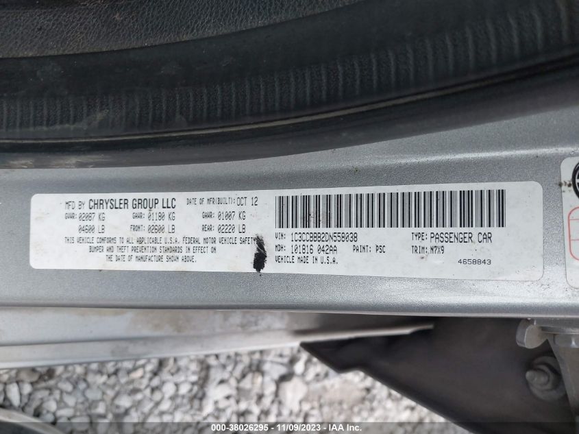 2013 Chrysler 200 Touring VIN: 1C3CCBBB2DN558038 Lot: 38026295