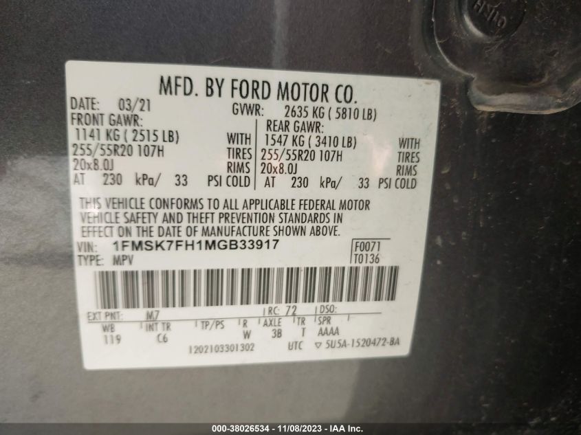 1FMSK7FH1MGB33917 2021 Ford Explorer Limited