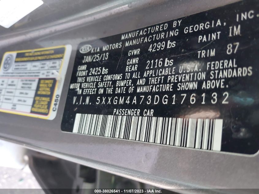 2013 Kia Optima Lx VIN: 5XXGM4A73DG176132 Lot: 38026541