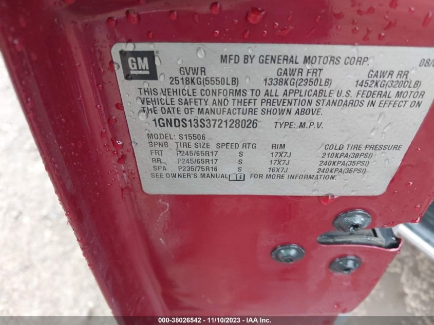 2007 Chevrolet Trailblazer Lt VIN: 1GNDS13S372128026 Lot: 38026542