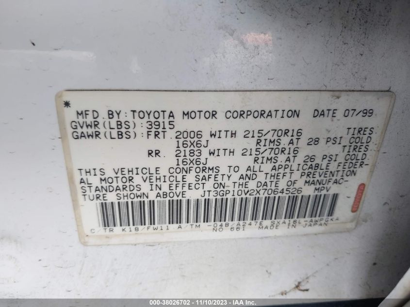 1999 Toyota Rav4 VIN: JT3GP10V2X7064526 Lot: 38026702