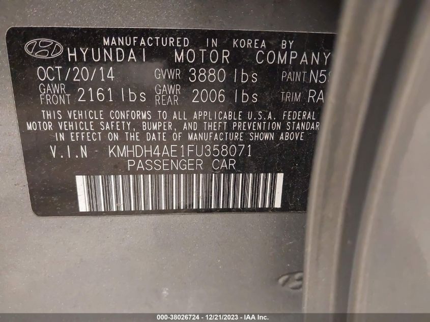 2015 Hyundai Elantra Se (Ulsan Plant) VIN: KMHDH4AE1FU358071 Lot: 38026724